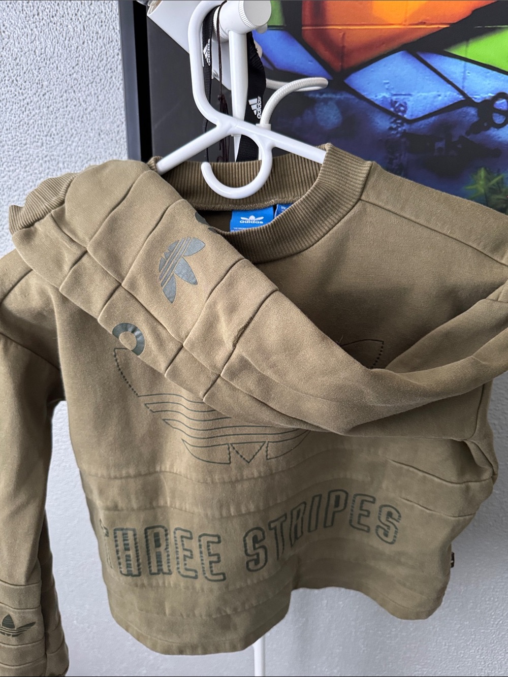 adidas Olive Green Cropped Bomber Jacket with Embossed Trefoil - Picture 3 of 3